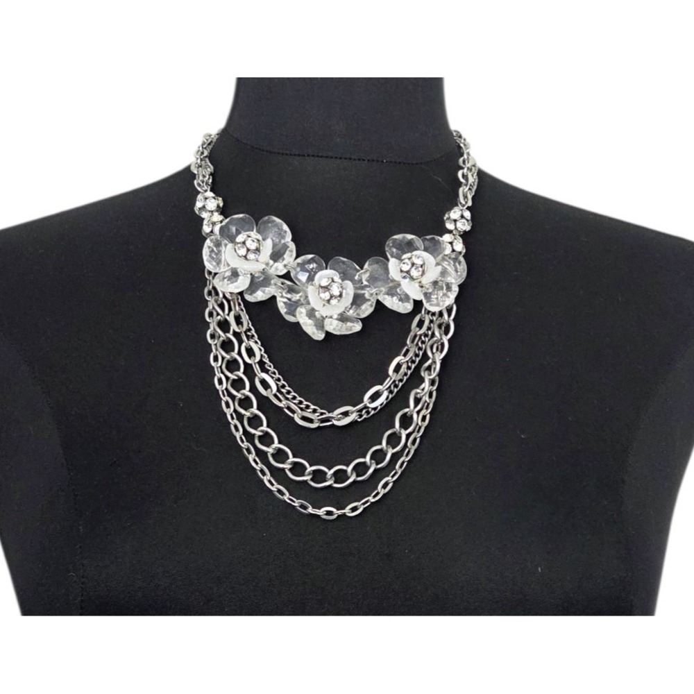 Layered Statement Necklace Chains Faceted Crystal Flower Beaded Rhinestones‎